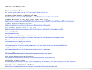 Références supplémentaires


History	
  of	
  media	
  monitoring
http://blog.pressindex.com/2012/02/history-­‐of-­‐media-­‐monitoring/

11 Unwritten Laws of Reputation Management (Andy Beal)
http://blogs.forbes.com/andybeal/2011/01/04/the-11-unwritten-laws-of-reputation-management/

Social Media Measurement 2011: Five Things to Forget and Five Things to Learn
http://metricsman.wordpress.com/2010/12/30/social-media-measurement-2011-five-things-to-forget-and-five-things-to-learn/

Social Media Monitoring and Analysis (Jeff Auker)
http://www.ciodashboard.com/social-media/social-media-monitoring-and-analysis/

Where Social Media Monitoring Services Fail (Jason Falls)
http://www.socialmediaexplorer.com/social-media-monitoring/where-social-media-monitoring-services-fail/

Google+ Social Statistics
http://socialstatistics.com/

The value of what you write and the value of conversational data
http://roii2.wordpress.com/2011/01/26/the-value-of-what-you-write-and-the-vakue-of-conversational-data/

20 free Social media monitoring tools
http://www.prdaily.com/Main/Articles/7501.aspx

Free monitoring tools for social media
http://www.chocobrain.com/content/Social-Media-Monitor-Free-Tools-List/2C55298E24E311E080EF8F3AEBB1BA45

Social Media Monitoring and Analysis
http://www.ciodashboard.com/social-media/social-media-monitoring-and-analysis/

Sentiment Analysis
http://www.businessweek.com/technology/content/feb2011/tc20110228_366762.htm

Should you use Radian6 for social media monitoring ?
http://www.socialmediaexaminer.com/should-you-use-radian6-for-social-media-monitoring/

Cutting through the noise (ROI & SM)
http://thebrandbuilder.wordpress.com/2011/02/08/cutting-through-the-noise-tying-social-media-program-to-business-objectives/

Le monitoring ou la surveillance de sites web (Pingwy)
http://www.marketingonthebeach.com/livre-blanc-le-monitoring-ou-la-surveillance-de-site-web/

                                                                                                                               53
 