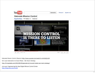 Gatorade Mission Control (Pepsico):http://www.youtube.com/watch?v=InrOvEE2v38

Voir aussi:Gatorade et le Social Media : War Room Strategy

http://fr.mashable.com/2010/06/20/gatorade-et-le-social-media-war-room-strategy/

Lire	
  aussi:	
  Engineeering	
  the	
  Ideal	
  Digital	
  Mission	
  Control	
  Center
h6p://blog.;ckr.com/?p=84

                                                                                            7
 