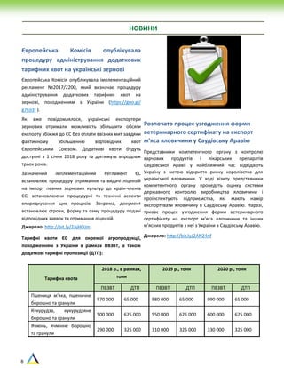 8
НОВИНИ
Європейська Комісія опублікувала
процедуру адміністрування додаткових
тарифних квот на українські зернові
Європейська Комісія опублікувала імплементаційний
регламент №2017/2200, який визначає процедуру
адміністрування додаткових тарифних квот на
зернові, походженням з України (https://goo.gl/
g7ko3f ).
Як вже повідомлялося, українські експортери
зернових отримали можливість збільшити обсяги
експорту збіжжя до ЄС без сплати ввізних мит завдяки
фактичному збільшенню відповідних квот
Європейським Союзом. Додаткові квоти будуть
доступні з 1 січня 2018 року та діятимуть впродовж
трьох років.
Зазначений імплементаційний Регламент ЄС
встановлює процедуру отримання та видачі ліцензій
на імпорт певних зернових культур до країн-членів
ЄС, встановлюючи процедурні та технічні аспекти
впорядкування цих процесів. Зокрема, документ
встановлює строки, форму та саму процедуру подачі
відповідних заявок та отримання ліцензій.
Джерело: http://bit.ly/2AjHOJm
Тарифні квоти ЄС для окремої агропродукції,
походженням з України в рамках ПВЗВТ, а також
додаткові тарифні пропозиції (ДТП):
Розпочато процес узгодження форми
ветеринарного сертифікату на експорт
м’яса яловичини у Саудівську Аравію
Представники компетентного органу з контролю
харчових продуктів і лікарських препаратів
Саудівської Аравії у найближчий час відвідають
Україну з метою відкриття ринку королівства для
української яловичини. У ході візиту представники
компетентного органу проведуть оцінку системи
державного контролю виробництва яловичини і
проінспектують підприємства, які мають намір
експортувати яловичину в Саудівську Аравію. Наразі,
триває процес узгодження форми ветеринарного
сертифікату на експорт м'яса яловичини та інших
м'ясних продуктів з неї з України в Саудівську Аравію.
Джерело: http://bit.ly/2AN24nf
Тарифна квота
2018 р., в рамках,
тонн
2019 р., тонн 2020 р., тонн
ПВЗВТ ДТП ПВЗВТ ДТП ПВЗВТ ДТП
Пшениця м'яка, пшеничне
борошно та гранули
970 000 65 000 980 000 65 000 990 000 65 000
Кукурудза, кукурудзяне
борошно та гранули
500 000 625 000 550 000 625 000 600 000 625 000
Ячмінь, ячмінне борошно
та гранули
290 000 325 000 310 000 325 000 330 000 325 000
 