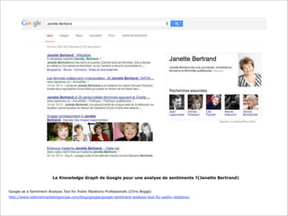 Le Knowledge Graph de Google pour une analyse de sentiments ?(Janette Bertrand)
Google as a Sentiment Analysis Tool for Public Relations Professionals (Chris Boggs)
http://www.internetmarketingninjas.com/blog/google/google-sentiment-analysis-tool-for-public-relations/

 