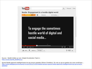 Source : Nestlé (Vidéo sur son «Digital Acceleration Team»)
http://youtu.be/HD_W3EMuC1U
Quand Nestlé apprend intelligemment de ses erreurs passées (Olivier Cimelière). On voit ce cas en gestion de crise numérique...
http://www.leblogducommunicant2-0.com/2012/11/02/medias-sociaux-quand-nestle-apprend-intelligemment-de-ses-erreurspassees/

 