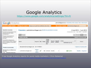 Google Analytics

https://www.google.com/analytics/settings/?hl=fr

5 top Google Analytics reports for social media marketers ( Chris Sietsema)

h6p://www.convinceandconvert.com/social-­‐media-­‐roi/the-­‐5-­‐top-­‐google-­‐analy;cs-­‐reports-­‐for-­‐social-­‐media-­‐marketers/

 