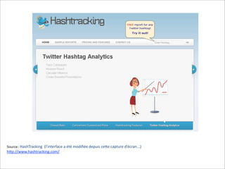 HashTracking	
  	
  (l’interface	
  a	
  été	
  modiﬁée	
  depuis	
  ce6e	
  capture	
  d’écran...)
h6p://www.hashtracking.com/
Source:

 