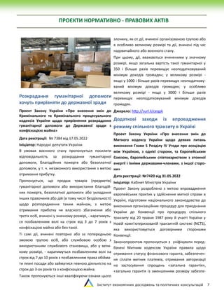 Інститут економічних досліджень та політичних консультацій 7
ПРОЄКТИ НОРМАТИВНО - ПРАВОВИХ АКТІВ
Розкрадання гуманітарної допомоги
хочуть прирівняти до державної зради
Проект Закону України «Про внесення змін до
Кримінального та Кримінального процесуального
кодексів України щодо прирівняння розкрадання
гуманітарної допомоги до Державної зради з
конфіскацією майна»
Дата реєстрації: № 7384 від 17.05.2022
Ініціатор: Народні депутати України
В умовах воєнного стану пропонується посилити
відповідальність за розкрадання гуманітарної
допомоги, благодійних пожертв або безоплатної
допомоги, у т. ч. незаконного використання з метою
отримання прибутку.
Пропонується, що продаж товарів (предметів)
гуманітарної допомоги або використання благодій-
них пожертв, безоплатної допомоги або укладання
інших правочинів або дій (в тому числі бездіяльності)
щодо розпорядження таким майном, з метою
отримання прибутку чи власного збагачення або
третіх осіб, вчинені у значному розмірі, - каратимуть-
ся позбавленням волі на строк від 3 до 7 років з
конфіскацією майна або без такої.
Ті самі дії, вчинені повторно або за попередньою
змовою групою осіб, або службовою особою з
використанням службового становища, або у вели-
кому розмірі, - каратимуться позбавленням волі на
строк від 7 до 10 років з позбавленням права обійма-
ти певні посади або займатися певною діяльністю на
строк до 3-ох років та з конфіскацією майна.
Також пропонуються інші кваліфікуючи ознаки цього
злочину, як от дії, вчинені організованою групою або
в особливо великому розмірі та дії, вчинені під час
надзвичайного або воєнного стану.
При цьому, дії, вважаються вчиненими у значному
розмірі, якщо загальна вартість такої гуманітарної у
350 і більше разів перевищує неоподатковуваний
мінімум доходів громадян; у великому розмірі -
якщо у 1000 і більше разів перевищує неоподаткову-
ваний мінімум доходів громадян; у особливо
великому розмірі - якщо у 3000 і більше разів
перевищує неоподатковуваний мінімум доходів
громадян.
Джерело: http://surl.li/ceqpk
Додаткові заходи із впровадження
режиму спільного транзиту в Україні
Проект Закону України «Про внесення змін до
Митного кодексу України щодо деяких питань
виконання Глави 5 Розділу ІV Угоди про асоціацію
між Україною, з однієї сторони, та Європейським
Союзом, Європейським співтовариством з атомної
енергії і їхніми державами-членами, з іншої сторо-
ни»
Дата реєстрації: №7420 від 31.05.2022
Ініціатор: Кабінет Міністрів України
Проект Закону розроблено з метою впровадження
європейських практик у здійснення митної справи в
Україні, підготовки національного законодавства до
виконання організаційних процедур для приєднання
України до Конвенції про процедуру спільного
транзиту від 20 травня 1987 року й участі України у
Новій комп’ютеризованій транзитній системі (NCTS),
яка використовується договірними сторонами
Конвенції.
Законопроектом пропонується з уніфікувати перед-
бачені Митним кодексом України правила щодо
отримання статусу фінансового гаранта, забезпечен-
ня сплати митних платежів, отримання авторизації
на застосування спрощень «загальна гарантія»,
«загальна гарантія із зменшенням розміру забезпе-
 