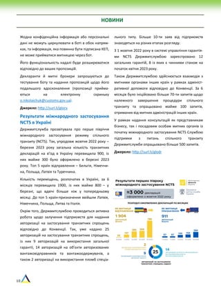 10
НОВИНИ
Жодна конфіденційна інформація або персональні
дані не можуть циркулювати в боті в обох напрям-
ках, та інформація, яка повинна бути підписана КЕП,
не може прийматися митницею через бот.
Його функціональність надалі буде розширюватися
відповідно до ваших пропозицій.
Декларанти й митні брокери запрошуються до
тестування боту та надання пропозицій щодо його
подальшого вдосконалення (пропозиції прийма-
ються на електронну скриньку
o.nikolaichuk@customs.gov.ua).
Джерело: http://surl.li/glocv
Результати міжнародного застосування
NCTS в Україні
Держмитслужба прозвітувала про перше півріччя
міжнародного застосування режиму спільного
транзиту (NCTS). Так, упродовж жовтня 2022 року –
березня 2023 року загальна кількість транзитних
декларацій на в’їзд в Україну перевищила 900, із
них майже 300 було оформлено в березні 2023
року. Топ 5 країн відправлення – Бельгія, Німеччи-
на, Польща, Латвія та Туреччина.
Кількість переміщень, розпочатих в Україні, за 6
місяців перевищила 1900, із них майже 800 – у
березні, що вдвічі більше ніж у попередньому
місяці. До топ 5 країн-призначення ввійшли Латвія,
Німеччина, Польща, Литва та Італія.
Окрім того, Держмитслужбою проводиться активна
робота щодо залучення підприємств для надання
авторизації на застосування транзитних спрощень
відповідно до Конвенції. Так, уже надано 25
авторизацій на застосування транзитних спрощень,
із них 9 авторизацій на використання загальної
гарантії, 14 авторизацій на об’єкти авторизованих
вантажовідправників та вантажоодержувачів, а
також 2 авторизації на використання пломб спеціа-
льного типу. Більше 10-ти заяв від підприємств
знаходяться на різних етапах розгляду.
З 1 жовтня 2022 року в системі управління гарантія-
ми NCTS Держмитслужбою зареєстровано 12
загальних гарантій, 8 із яких є чинними станом на
початок квітня 2023 року.
Також Держмитслужбою здійснюється взаємодія з
митними органами інших країн у рамках адмініст-
ративної допомоги відповідно до Конвенції. За 6
місяців було ініційовано більше 70-ти запитів щодо
належного завершення процедури спільного
транзиту та опрацьовано майже 100 запитів,
отриманих від митних адміністрацій інших країн.
У рамках надання консультацій як представникам
бізнесу, так і посадовим особам митних органів із
початку міжнародного застосування NCTS Службою
підтримки з питань спільного транзиту
Держмитслужби опрацьовано більше 500 запитів.
Джерело: http://surl.li/glodr
 
