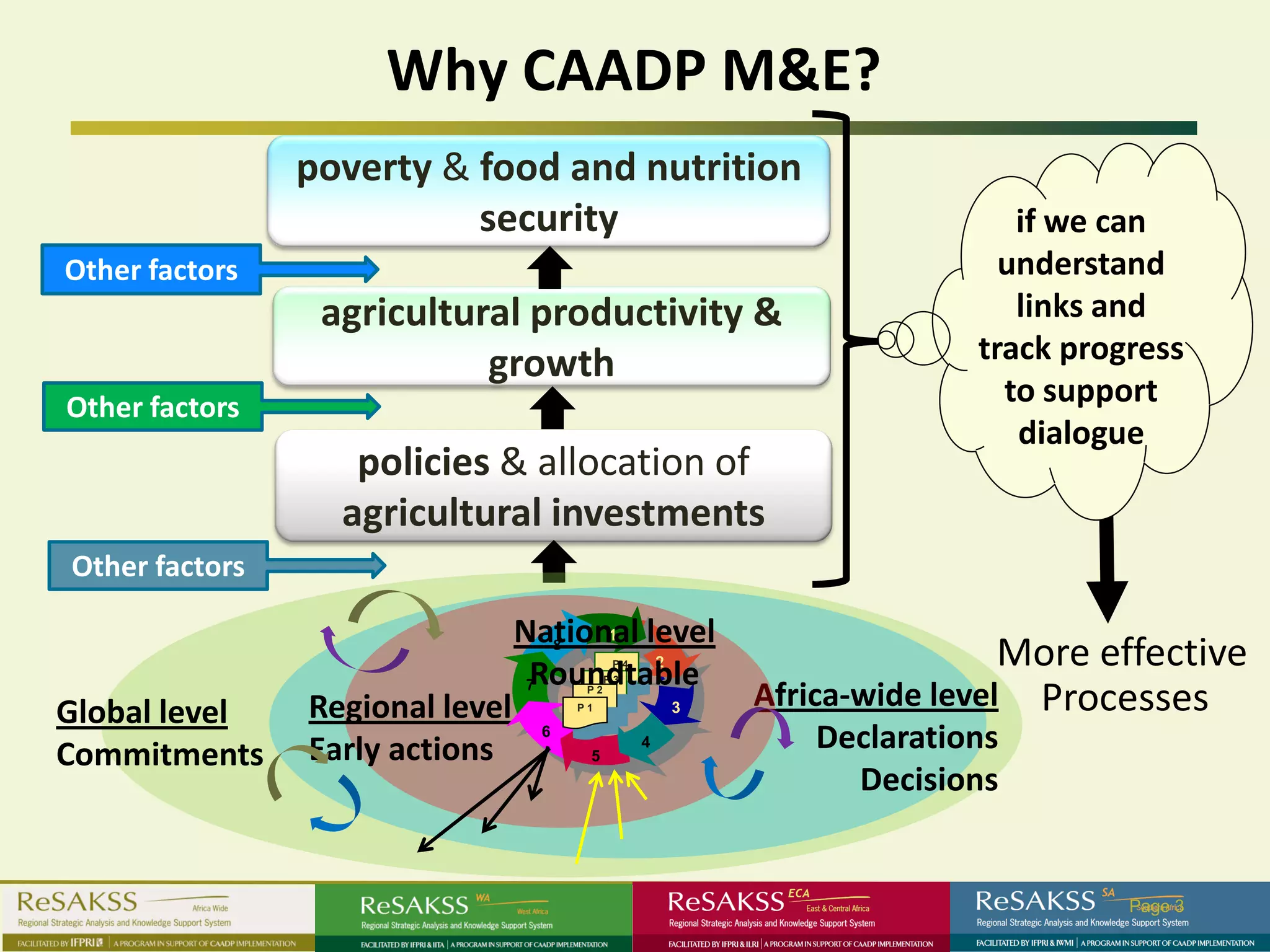 Why CAADP M&E?
                poverty & food and nutrition
                          security                                         if we can
Other factors                                                             understand
                 agricultural productivity &                               links and
                           growth                                       track progress
Other factors                                                             to support
                                                                           dialogue
                   policies & allocation of
                  agricultural investments
Other factors

                                 National level
                                       1
                                    8

                                  Roundtable
                                           2 P4                            More effective
                                                          Africa-wide level Processes
                                            P3
                                  7    P2

Global level    Regional level        P1              3


Commitments     Early actions
                                  6
                                       5
                                                  4          Declarations
                                                               Decisions


                                                                                  Page 3
 