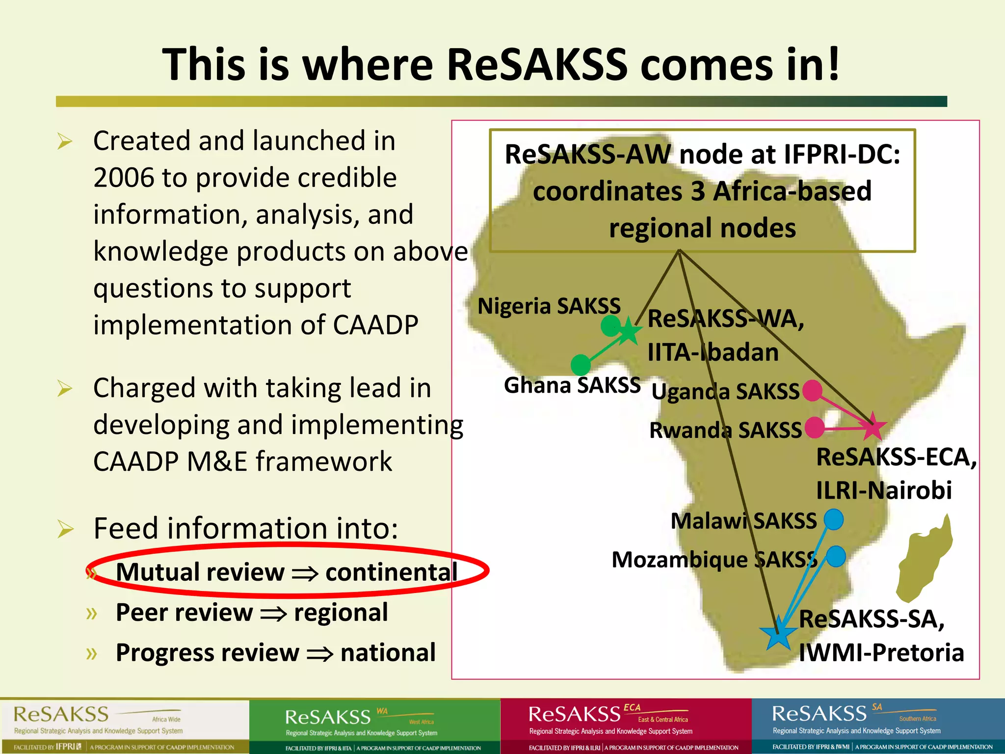 This is where ReSAKSS comes in!
   Created and launched in       ReSAKSS-AW node at IFPRI-DC:
    2006 to provide credible         coordinates 3 Africa-based
    information, analysis, and              regional nodes
    knowledge products on above
    questions to support
                                Nigeria SAKSS
    implementation of CAADP                    ReSAKSS-WA,
                                               IITA-Ibadan
   Charged with taking lead in     Ghana SAKSS Uganda SAKSS
    developing and implementing                Rwanda SAKSS
    CAADP M&E framework                                        ReSAKSS-ECA,
                                                               ILRI-Nairobi
   Feed information into:                       Malawi SAKSS
                                            Mozambique SAKSS
    » Mutual review ⇒ continental
    » Peer review ⇒ regional                                 ReSAKSS-SA,
    » Progress review ⇒ national                             IWMI-Pretoria
 