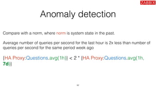 Anomaly detection
Compare with a norm, where norm is system state in the past.
Average number of queries per second for th...