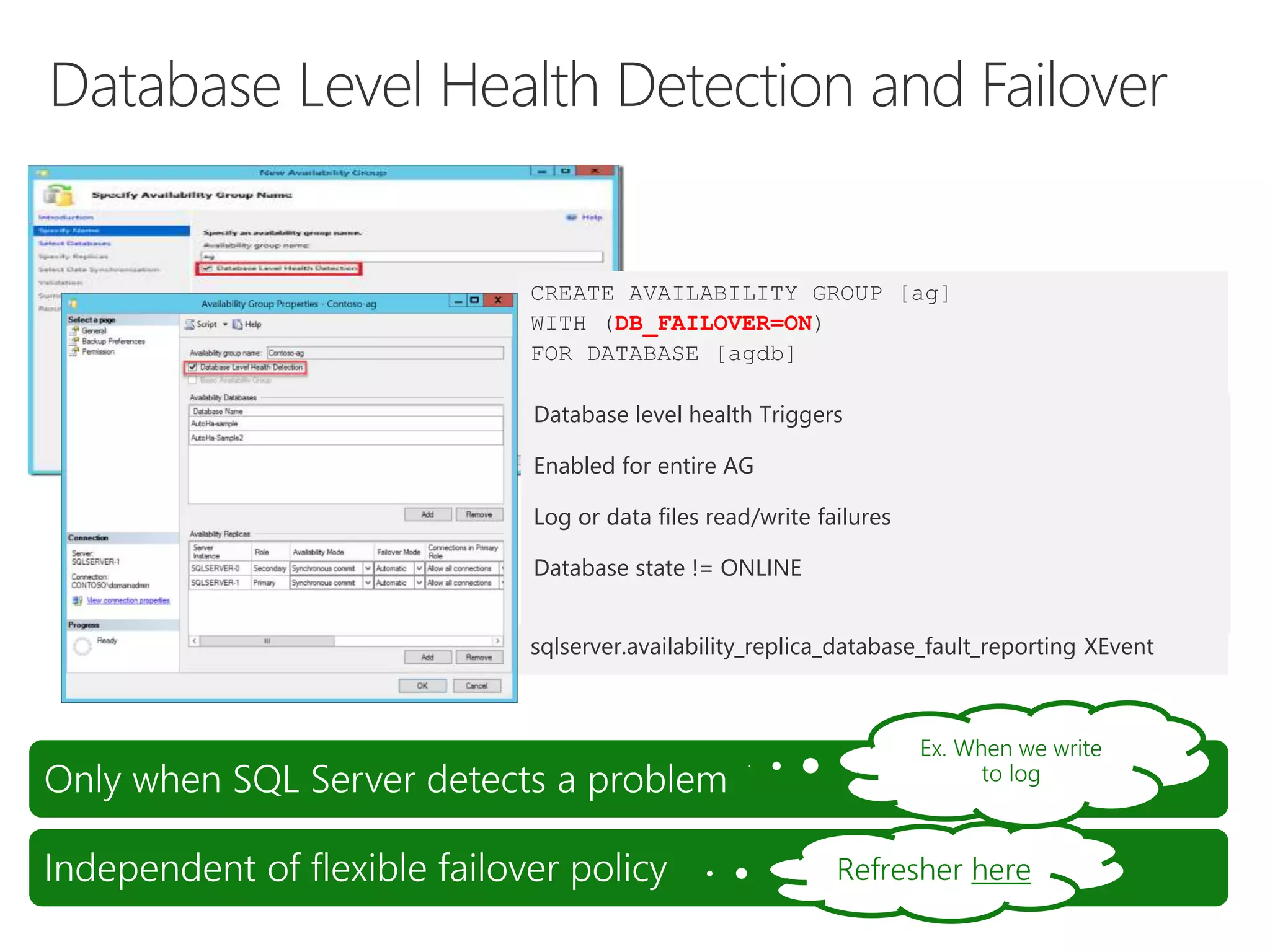 CREATE AVAILABILITY GROUP [ag]
WITH (DB_FAILOVER=ON)
FOR DATABASE [agdb]
Database level health Triggers
Enabled for entire AG
Log or data files read/write failures
Database state != ONLINE
sqlserver.availability_replica_database_fault_reporting XEvent
Only when SQL Server detects a problem
Independent of flexible failover policy Refresher here
Ex. When we write
to log
 