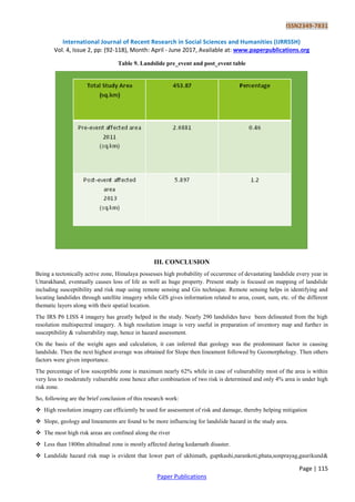 ISSN2349-7831
International Journal of Recent Research in Social Sciences and Humanities (IJRRSSH)
Vol. 4, Issue 2, pp: (92-118), Month: April - June 2017, Available at: www.paperpublications.org
Page | 115
Paper Publications
Table 9. Landslide pre_event and post_event table
III. CONCLUSION
Being a tectonically active zone, Himalaya possesses high probability of occurrence of devastating landslide every year in
Uttarakhand, eventually causes loss of life as well as huge property. Present study is focused on mapping of landslide
including susceptibility and risk map using remote sensing and Gis technique. Remote sensing helps in identifying and
locating landslides through satellite imagery while GIS gives information related to area, count, sum, etc. of the different
thematic layers along with their spatial location.
The IRS P6 LISS 4 imagery has greatly helped in the study. Nearly 290 landslides have been delineated from the high
resolution multispectral imagery. A high resolution image is very useful in preparation of inventory map and further in
susceptibility & vulnerability map, hence in hazard assessment.
On the basis of the weight ages and calculation, it can inferred that geology was the predominant factor in causing
landslide. Then the next highest average was obtained for Slope then lineament followed by Geomorphology. Then others
factors were given importance.
The percentage of low susceptible zone is maximum nearly 62% while in case of vulnerability most of the area is within
very less to moderately vulnerable zone hence after combination of two risk is determined and only 4% area is under high
risk zone.
So, following are the brief conclusion of this research work:
 High resolution imagery can efficiently be used for assessment of risk and damage, thereby helping mitigation
 Slope, geology and lineaments are found to be more influencing for landslide hazard in the study area.
 The most high risk areas are confined along the river
 Less than 1800m altitudinal zone is mostly affected during kedarnath disaster.
 Landslide hazard risk map is evident that lower part of ukhimath, guptkashi,narankoti,phata,sonprayag,gaurikund&
 