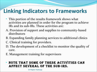 Linking Indicators to Frameworks
• This portion of the results framework shows what
activities are planned in order for th...