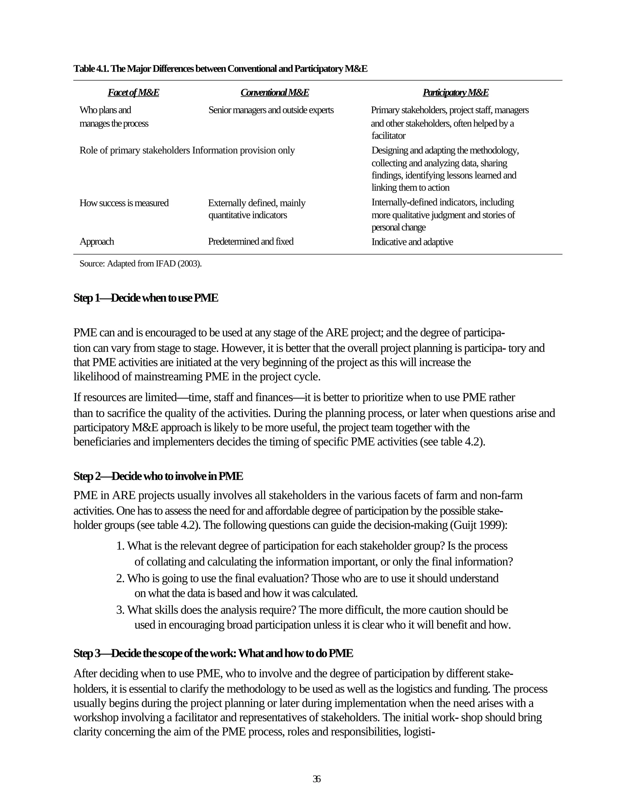 Table 4.1. The Major Differences between Conventional and Participatory M&E

        Facet of M&E                         Conventional M&E                               Participatory M&E
 Who plans and                       Senior managers and outside experts      Primary stakeholders, project staff, managers
 manages the process                                                          and other stakeholders, often helped by a
                                                                              facilitator
 Role of primary stakeholders Information provision only                      Designing and adapting the methodology,
                                                                              collecting and analyzing data, sharing
                                                                              findings, identifying lessons learned and
                                                                              linking them to action
 How success is measured             Externally defined, mainly               Internally-defined indicators, including
                                     quantitative indicators                  more qualitative judgment and stories of
                                                                              personal change
 Approach                            Predetermined and fixed                  Indicative and adaptive

 Source: Adapted from IFAD (2003).


Step 1—Decide when to use PME

PME can and is encouraged to be used at any stage of the ARE project; and the degree of participa-
tion can vary from stage to stage. However, it is better that the overall project planning is participa- tory and
that PME activities are initiated at the very beginning of the project as this will increase the
likelihood of mainstreaming PME in the project cycle.
If resources are limited—time, staff and finances—it is better to prioritize when to use PME rather
than to sacrifice the quality of the activities. During the planning process, or later when questions arise and
participatory M&E approach is likely to be more useful, the project team together with the
beneficiaries and implementers decides the timing of specific PME activities (see table 4.2).

Step 2—Decide who to involve in PME
PME in ARE projects usually involves all stakeholders in the various facets of farm and non-farm
activities. One has to assess the need for and affordable degree of participation by the possible stake-
holder groups (see table 4.2). The following questions can guide the decision-making (Guijt 1999):
            1. What is the relevant degree of participation for each stakeholder group? Is the process
                of collating and calculating the information important, or only the final information?
            2. Who is going to use the final evaluation? Those who are to use it should understand
                on what the data is based and how it was calculated.
            3. What skills does the analysis require? The more difficult, the more caution should be
                used in encouraging broad participation unless it is clear who it will benefit and how.

Step 3—Decide the scope of the work: What and how to do PME
After deciding when to use PME, who to involve and the degree of participation by different stake-
holders, it is essential to clarify the methodology to be used as well as the logistics and funding. The process
usually begins during the project planning or later during implementation when the need arises with a
workshop involving a facilitator and representatives of stakeholders. The initial work- shop should bring
clarity concerning the aim of the PME process, roles and responsibilities, logisti-


                                                                  36
 