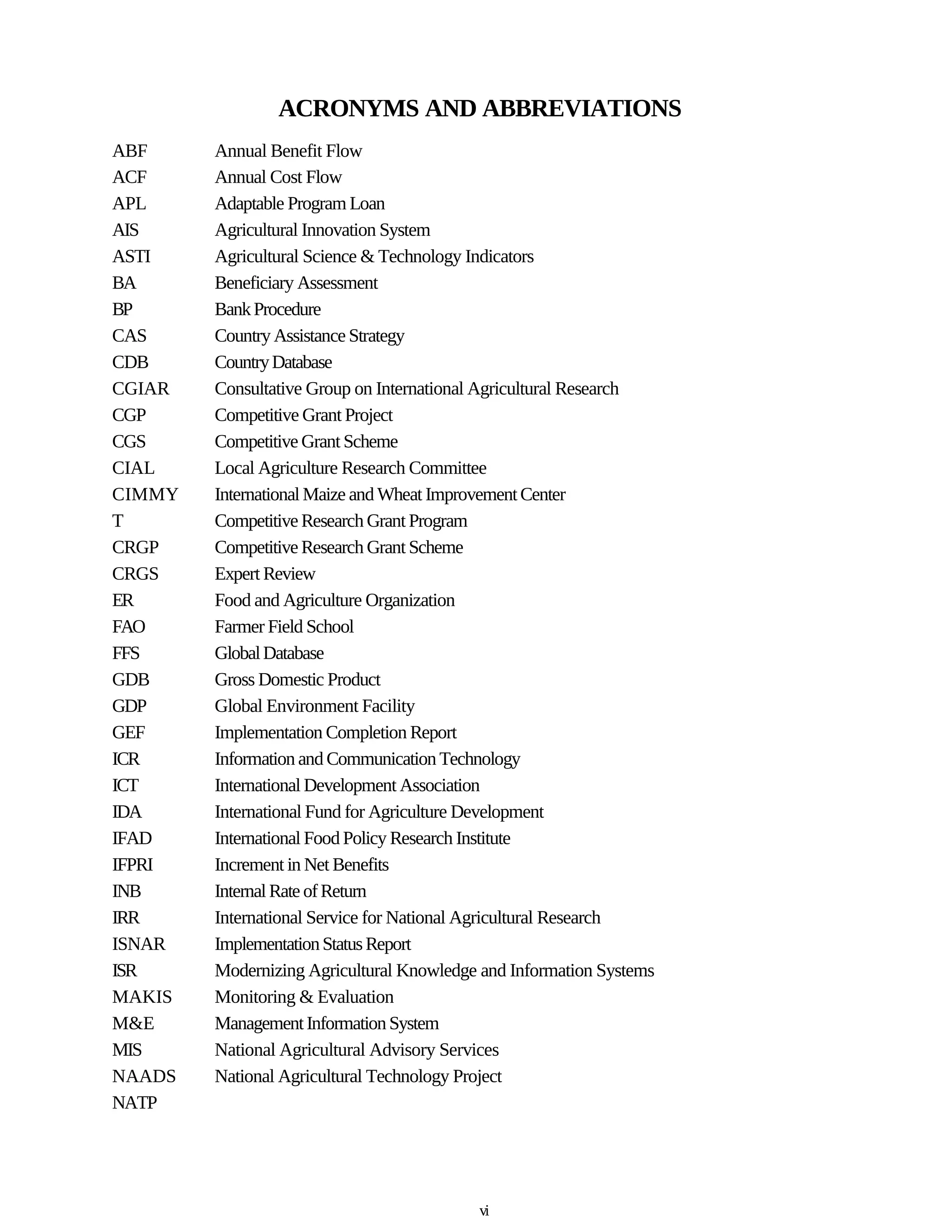 ACRONYMS AND ABBREVIATIONS
ABF     Annual Benefit Flow
ACF     Annual Cost Flow
APL     Adaptable Program Loan
AIS     Agricultural Innovation System
ASTI    Agricultural Science & Technology Indicators
BA      Beneficiary Assessment
BP      Bank Procedure
CAS     Country Assistance Strategy
CDB     Country Database
CGIAR   Consultative Group on International Agricultural Research
CGP     Competitive Grant Project
CGS     Competitive Grant Scheme
CIAL    Local Agriculture Research Committee
CIMMY   International Maize and Wheat Improvement Center
T       Competitive Research Grant Program
CRGP    Competitive Research Grant Scheme
CRGS    Expert Review
ER      Food and Agriculture Organization
FAO     Farmer Field School
FFS     Global Database
GDB     Gross Domestic Product
GDP     Global Environment Facility
GEF     Implementation Completion Report
ICR     Information and Communication Technology
ICT     International Development Association
IDA     International Fund for Agriculture Development
IFAD    International Food Policy Research Institute
IFPRI   Increment in Net Benefits
INB     Internal Rate of Return
IRR     International Service for National Agricultural Research
ISNAR   Implementation Status Report
ISR     Modernizing Agricultural Knowledge and Information Systems
MAKIS   Monitoring & Evaluation
M&E     Management Information System
MIS     National Agricultural Advisory Services
NAADS   National Agricultural Technology Project
NATP




                                          vi
 