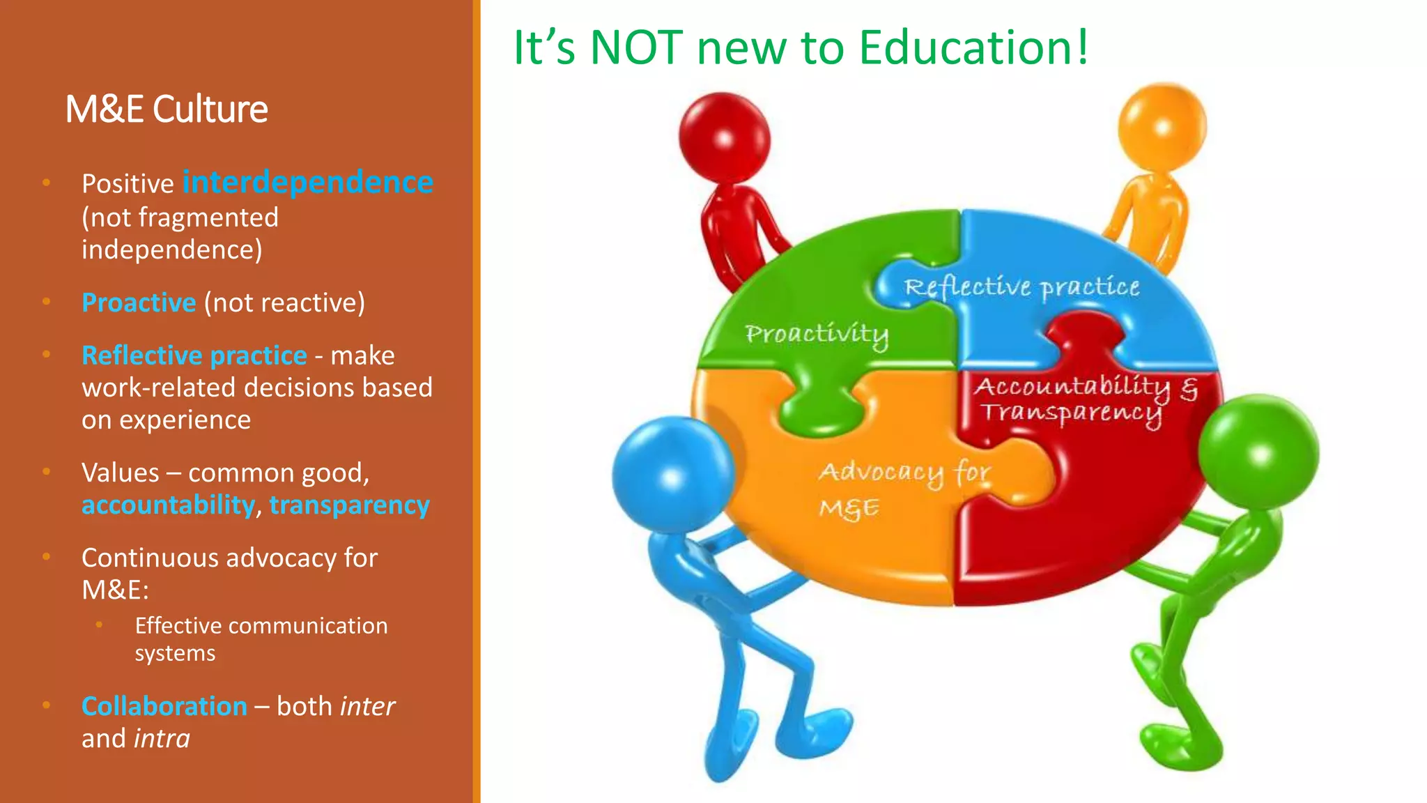 M&E Culture
• Positive interdependence
(not fragmented
independence)
• Proactive (not reactive)
• Reflective practice - make
work-related decisions based
on experience
• Values – common good,
accountability, transparency
• Continuous advocacy for
M&E:
• Effective communication
systems
• Collaboration – both inter
and intra
It’s NOT new to Education!
 