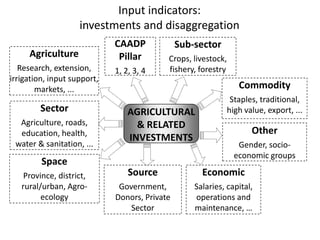 Input indicators:
                    investments and disaggregation
                             CAADP             Sub-sector
     Agriculture              Pillar       Crops, livestock,
   Research, extension,      1, 2, 3, 4    fishery, forestry
irrigation, input support,
        markets, ...                                            Commodity
                                                              Staples, traditional,
        Sector                   AGRICULTURAL                high value, export, ...
  Agriculture, roads,              & RELATED
  education, health,                                                Other
                                 INVESTMENTS
 water & sanitation, ...                                        Gender, socio-
                                                               economic groups
         Space
    Province, district,          Source              Economic
   rural/urban, Agro-         Government,          Salaries, capital,
         ecology             Donors, Private       operations and
                                 Sector            maintenance, …
 