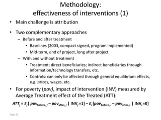 Methodology:
               effectiveness of interventions (1)
• Main challenge is attribution
• Two complementary approaches
      – Before and after treatment
         • Baselines (2003, compact signed, program implemented)
         • Mid-term, end of project, long after project
      – With and without treatment
         • Treatment: direct beneficiaries; indirect beneficiaries through
           information/technology transfers, etc.
         • Controls: can only be affected through general equilibrium effects,
           e.g. prices, wages, etc.
• For poverty (pov), impact of intervention (INV) measured by
  Average Treatment effect of the Treated (ATT):
  ATTj = Ej [ povbefore, j – povafter, j | INVj =1] – Ei [povbefore, i – povafter, i | INVi =0]

Page 22
 