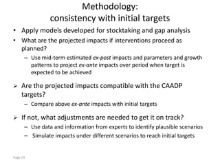 Methodology:
                consistency with initial targets
• Apply models developed for stocktaking and gap analysis
• What are the projected impacts if interventions proceed as
  planned?
      – Use mid-term estimated ex-post impacts and parameters and growth
        patterns to project ex-ante impacts over period when target is
        expected to be achieved

   Are the projected impacts compatible with the CAADP
    targets?
      – Compare above ex-ante impacts with initial targets

   If not, what adjustments are needed to get it on track?
      – Use data and information from experts to identify plausible scenarios
      – Simulate impacts under different scenarios to reach initial targets


Page 24
 