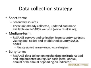 Data collection strategy
• Short-term:
  – Secondary sources
  – These are already collected, updated and made
    available on ReSAKSS website (www.resakss.org)
• Medium-term:
  – ReSAKSS surveys and collection from country partners
    via regional nodes and established country SAKSS
    nodes
     • Already started in many countries and regions
• Long-term:
  – ReSAKSS data collection mechanism institutionalized
    and implemented on regular basis (semi-annual,
    annual or bi-annual depending on indicator)
 