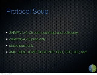 Protocol Soup
SNMP(v1,v2,v3) both push(trap) and pull(query)
collectd(v4,v5) push only
statsd push only
JMX, JDBC, ICMP, DHCP, NTP, SSH, TCP, UDP, barf.
Wednesday, June 19, 13
 