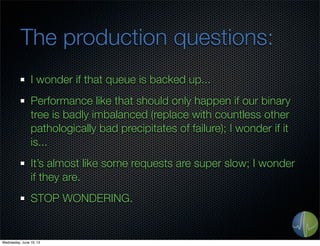 The production questions:
I wonder if that queue is backed up...
Performance like that should only happen if our binary
tree is badly imbalanced (replace with countless other
pathologically bad precipitates of failure); I wonder if it
is...
It’s almost like some requests are super slow; I wonder
if they are.
STOP WONDERING.
Wednesday, June 19, 13
 
