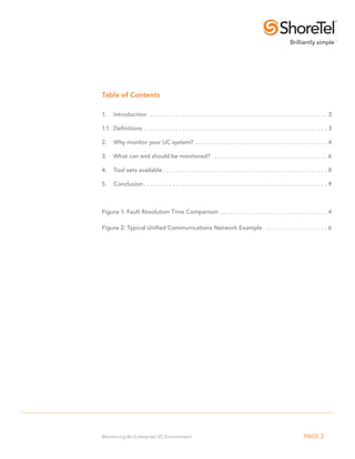 Table of Contents

1.	Introduction . . . . . . . . . . . . . . . . . . . . . . . . . . . . . . . . . . . . . . . . . . . . . . . . . . . . . . . . 3

1.1 	 Definitions. . . . . . . . . . . . . . . . . . . . . . . . . . . . . . . . . . . . . . . . . . . . . . . . . . . . . . . . . . 3

2.	 Why monitor your UC system? . . . . . . . . . . . . . . . . . . . . . . . . . . . . . . . . . . . . . . . . . . 4

3. 	 What can and should be monitored? . . . . . . . . . . . . . . . . . . . . . . . . . . . . . . . . . . . . 6

4. 	 Tool sets available. . . . . . . . . . . . . . . . . . . . . . . . . . . . . . . . . . . . . . . . . . . . . . . . . . . . 8

5.	Conclusion. . . . . . . . . . . . . . . . . . . . . . . . . . . . . . . . . . . . . . . . . . . . . . . . . . . . . . . . . . 9



Figure 1: Fault Resolution Time Comparison . . . . . . . . . . . . . . . . . . . . . . . . . . . . . . . . . . 4

Figure 2: Typical Unified Communications Network Example . . . . . . . . . . . . . . . . . . . . 6




Monitoring An Enterprise UC Environment                                                                              PAGE 2
 