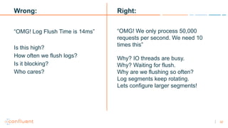 32
Wrong:
“OMG! Log Flush Time is 14ms”
Is this high?
How often we flush logs?
Is it blocking?
Who cares?
Right:
“OMG! We ...