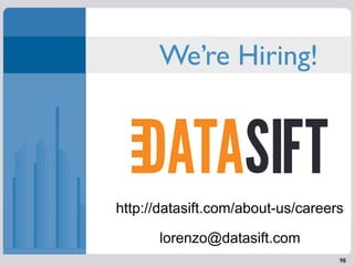 We’re Hiring!




http://datasift.com/about-us/careers

      lorenzo@datasift.com
                                   98
 