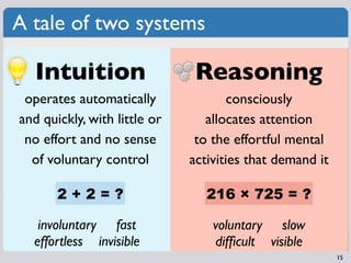 A tale of two systems

   Intuition                   Reasoning
 operates automatically               consciously
and quickly, with little or      allocates attention
 no effort and no sense        to the effortful mental
  of voluntary control        activities that demand it

       2+2=?                     216 × 725 = ?

   involuntary fast               voluntary slow
  effortless invisible            difﬁcult visible
                                                          15
 