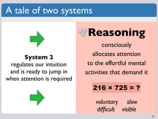 A tale of two systems

                              Reasoning
                                     consciously
                                allocates attention
       System 2
 regulates our intuition      to the effortful mental
 and is ready to jump in     activities that demand it
when attention is required
                                216 × 725 = ?

                                 voluntary slow
                                 difﬁcult visible
                                                         17
 