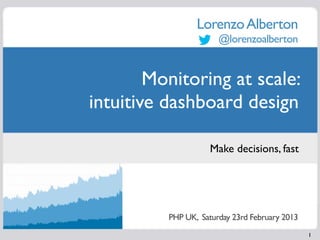Lorenzo Alberton
                       @lorenzoalberton


        Monitoring at scale:
intuitive dashboard design

                     Make decisions, fast




          PHP UK, Saturday 23rd February 2013
                                                1
 
