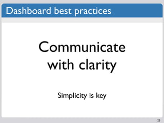 Dashboard best practices


       Communicate
        with clarity
           Simplicity is key


                        ...