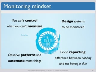 Monitoring mindset

    You can’t control                                              Design systems
 what you can’t meas...