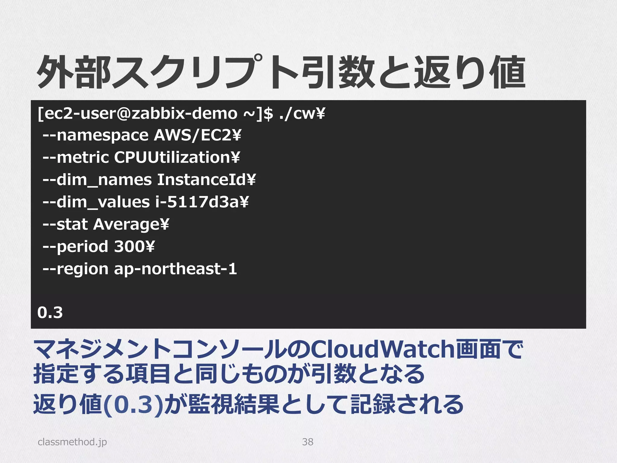外部スクリプト引数と返り値
[ec2-‐‑‒user@zabbix-‐‑‒demo  ~∼]$  ./cw
  -‐‑‒-‐‑‒namespace  AWS/EC2
  -‐‑‒-‐‑‒metric  CPUUtilization
  -‐‑‒-‐‑‒dim_̲names  InstanceId
  -‐‑‒-‐‑‒dim_̲values  i-‐‑‒5117d3a
  -‐‑‒-‐‑‒stat  Average
  -‐‑‒-‐‑‒period  300
  -‐‑‒-‐‑‒region  ap-‐‑‒northeast-‐‑‒1
0.3
classmethod.jp 38
マネジメントコンソールのCloudWatch画⾯面で
指定する項⽬目と同じものが引数となる
返り値(0.3)が監視結果として記録される
 