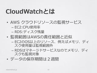 CloudWatchとは
•  AWS  クラウドリソースの監視サービス
–  EC2:CPU使⽤用率率率
–  RDS:ディスク残量量
•  監視範囲はAWSの責任範囲と近似
–  EC2のOS以上のリソース、例例えばメモリ、ディ
スク使⽤用量量は監視範囲外
–  RDSはマネージドサービスなのでメモリ、ディ
スクも監視対象
•  データの保存期間は２週間
classmethod.jp 33
 