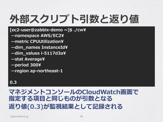 外部スクリプト引数と返り値
[ec2-‐‑‒user@zabbix-‐‑‒demo  ~∼]$  ./cw
  -‐‑‒-‐‑‒namespace  AWS/EC2
  -‐‑‒-‐‑‒metric  CPUUtilization
  -‐‑‒-‐‑‒dim_̲names  InstanceId
  -‐‑‒-‐‑‒dim_̲values  i-‐‑‒5117d3a
  -‐‑‒-‐‑‒stat  Average
  -‐‑‒-‐‑‒period  300
  -‐‑‒-‐‑‒region  ap-‐‑‒northeast-‐‑‒1
0.3
classmethod.jp 38
マネジメントコンソールのCloudWatch画⾯面で
指定する項⽬目と同じものが引数となる
返り値(0.3)が監視結果として記録される
 