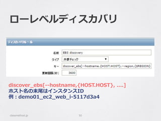 ローレベルディスカバリ
classmethod.jp 50
discover_̲ebs[-‐‑‒-‐‑‒hostname,{HOST.HOST},  ....]
ホスト名の末尾はインスタンスID
例例：demo01_̲ec2_̲web_̲i-‐‑‒5117d3a4
 