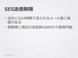 SES送信制限
•  SESには24時間で送られるメール数に制
限がある
•  制限値と現在の送信数はAPIから取得可能
classmethod.jp 63
 