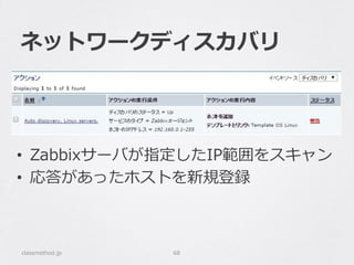 ネットワークディスカバリ
classmethod.jp 68
•  Zabbixサーバが指定したIP範囲をスキャン
•  応答があったホストを新規登録
 