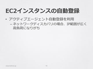 EC2インスタンスの⾃自動登録
classmethod.jp 70
•  アクティブエージェント⾃自動登録を利利⽤用
–  ネットワークディスカバリの場合、IP範囲が広く
⾼高負荷になりがち
 