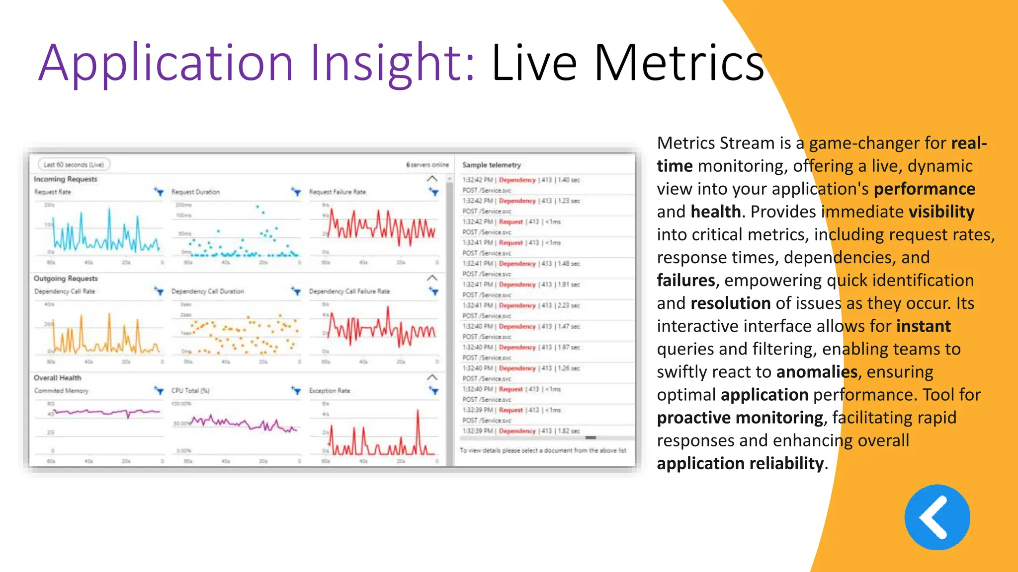 v
Application Insight: Live Metrics
Metrics Stream is a game-changer for real-
time monitoring, offering a live, dynamic
view into your application's performance
and health. Provides immediate visibility
into critical metrics, including request rates,
response times, dependencies, and
failures, empowering quick identification
and resolution of issues as they occur. Its
interactive interface allows for instant
queries and filtering, enabling teams to
swiftly react to anomalies, ensuring
optimal application performance. Tool for
proactive monitoring, facilitating rapid
responses and enhancing overall
application reliability.
 