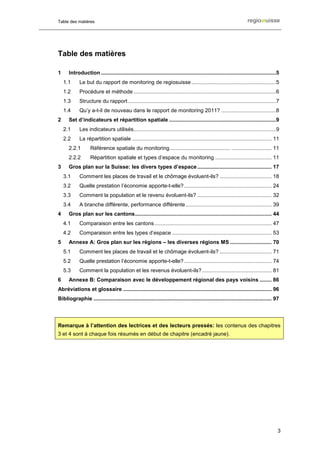 Table des matières




Table des matières

1      Introduction ......................................................................................................................5 
     1.1     Le but du rapport de monitoring de regiosuisse .........................................................5 
     1.2     Procédure et méthode ................................................................................................6 
     1.3     Structure du rapport ....................................................................................................7 
     1.4     Qu’y a-t-il de nouveau dans le rapport de monitoring 2011? .....................................8 
2      Set d’indicateurs et répartition spatiale ........................................................................9 
     2.1     Les indicateurs utilisés................................................................................................9 
     2.2     La répartition spatiale .............................................................................................. 11 
       2.2.1        Référence spatiale du monitoring......................................... ........................... 11 
       2.2.2        Répartition spatiale et types d’espace du monitoring ...................................... 11 
3      Gros plan sur la Suisse: les divers types d’espace .................................................. 17 
     3.1     Comment les places de travail et le chômage évoluent-ils? ................................... 18 
     3.2     Quelle prestation l’économie apporte-t-elle? ........................................................... 24 
     3.3     Comment la population et le revenu évoluent-ils? .................................................. 32 
     3.4     A branche différente, performance différente .......................................................... 39 
4      Gros plan sur les cantons ............................................................................................ 44 
     4.1     Comparaison entre les cantons ............................................................................... 47 
     4.2     Comparaison entre les types d’espace ................................................................... 53 
5      Annexe A: Gros plan sur les régions – les diverses régions MS ............................ 70 
     5.1     Comment les places de travail et le chômage évoluent-ils? ................................... 71 
     5.2     Quelle prestation l’économie apporte-t-elle? ........................................................... 74 
     5.3     Comment la population et les revenus évoluent-ils? ............................................... 81 
6      Annexe B: Comparaison avec le développement régional des pays voisins ........ 86 
Abréviations et glossaire .................................................................................................... 96 
Bibliographie ........................................................................................................................ 97 




Remarque à l’attention des lectrices et des lecteurs pressés: les contenus des chapitres
3 et 4 sont à chaque fois résumés en début de chapitre (encadré jaune).




                                                                                                                                          3
 