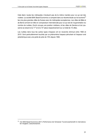 3 Gros plan sur la Suisse: les divers types d’espace




Cela étant, toutes les métropoles n’évoluent pas de la même manière pour ce qui est des
                                                                                                 23
nuitées. La société BAK Basel Economics a comparé dans sa récente étude sur le tourisme
les cinq plus grandes villes de Suisse avec dix métropoles européennes. Les villes de Bâle et
de Berne arrivent en tête en comparaison internationale pour ce qui est de l’augmentation du
nombre de nuitées, Zurich occupe une position médiane, et les villes de Genève et de Lau-
                             e             e
sanne se situent à la 11 et à la 13 place respectivement sur un total de 15 villes.

Les nuitées dans tous les autres types d’espace ont en revanche diminué entre 1992 et
2010. Sont particulièrement touchés par ce phénomène l’espace périurbain et l’espace rural
périphérique avec une perte de près de 15% depuis 1992.




23
     Voir BAK Basel Economics (2011) Performance der Schweizer Tourismuswirtschaft im internationa-
     len Vergleich. Zwischenbericht.




                                                                                                31
 