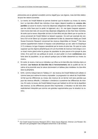 3 Gros plan sur la Suisse: les divers types d’espace




phénomène est en général considéré comme négatif pour ces régions, mais doit être relativi-
sé pour les raisons suivantes:
1. Le revenu de l’impôt fédéral ne permet d’estimer que la situation au niveau du revenu
      brut. Le bien-être effectif des individus d’une région dépend toutefois du «revenu dis-
      ponible» (à savoir le revenu moins les dépenses obligatoires telles que les impôts ainsi
      que les coûts fixes pour la santé, le logement, etc.). Or, ces types d’espace apparem-
      ment moins bien lotis ont souvent des dépenses obligatoires et des frais fixes moindres,
      de sorte que le revenu disponible (et donc le bien-être) est plus élevé que ce que les re-
      venus provenant de l’impôt fédéral ne laissent supposer. Ce sont par exemple les can-
      tons d’Uri et de Glaris qui occupent actuellement la tête du classement établi par Credit
                                                                                     29
      Suisse Economic Research concernant les revenus disponibles en Suisse.              Ces deux
      cantons appartiennent d’abord à l’espace rural périphérique qui est, selon le Graphique
      3-13 ci-dessus, le type d’espace caractérisé par le revenu le plus bas. On peut en outre
      supposer que les régions périphériques ont une fourchette de revenus moins large (c.à.d.
      un écart moins grand entre le groupe de population le plus pauvre et le groupe le plus
      riche). D’un point de vue politique et social, on peut parler ici d’une «cohérence» plus
      forte dans la population, ce qui adoucit quelque peu le faible classement au niveau du
      revenu.
2. En outre, le revenu n’est qu’un indicateur qui influe sur le bien-être des individus dans un
      domaine. Les facteurs de bien-être liés à l’environnement, tels la qualité de l’air, le
      calme et la proximité avec la nature donneraient un tableau plus révélateur du bien-être
      dans la périphérie.
3. Enfin, comme indiqué dans le Tableau 2-1, les revenus de l’impôt fédéral sont utilisés ici
      comme base pour estimer le revenu imposable. La progression du relevé de l’impôt fédé-
      ral fait que les différences au niveau des revenus de ce dernier sont plus grandes que
      pour les revenus effectifs. L’indicateur a tendance à surestimer les différences de reve-
      nus. En outre, le revenu de l’impôt fédéral moyen par habitant ne dit rien de la répartition
      des revenus, où les différences peuvent être importantes. L’indicateur ne doit donc être
      explicitement interprété que comme une grandeur approximative pour la situation du re-
      venu.




29
     Voir Credit Suisse Economic Research (2011): Swiss Issues Regionen. Wohnen und Pendeln: Wo
     lebt sich’s am günstigsten? Das verfügbare Einkommen in der Schweiz.




                                                                                               38
 