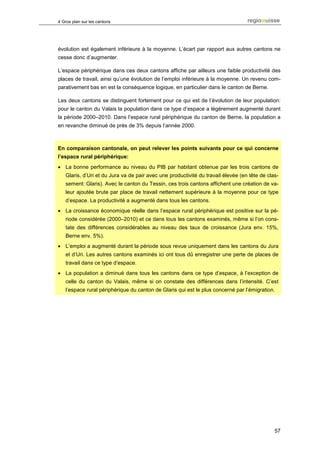 4 Gros plan sur les cantons




évolution est également inférieure à la moyenne. L’écart par rapport aux autres cantons ne
cesse donc d’augmenter.

L’espace périphérique dans ces deux cantons affiche par ailleurs une faible productivité des
places de travail, ainsi qu’une évolution de l’emploi inférieure à la moyenne. Un revenu com-
parativement bas en est la conséquence logique, en particulier dans le canton de Berne.

Les deux cantons se distinguent fortement pour ce qui est de l’évolution de leur population:
pour le canton du Valais la population dans ce type d’espace a légèrement augmenté durant
la période 2000–2010. Dans l’espace rural périphérique du canton de Berne, la population a
en revanche diminué de près de 3% depuis l’année 2000.



En comparaison cantonale, on peut relever les points suivants pour ce qui concerne
l’espace rural périphérique:
• La bonne performance au niveau du PIB par habitant obtenue par les trois cantons de
   Glaris, d’Uri et du Jura va de pair avec une productivité du travail élevée (en tête de clas-
   sement: Glaris). Avec le canton du Tessin, ces trois cantons affichent une création de va-
   leur ajoutée brute par place de travail nettement supérieure à la moyenne pour ce type
   d’espace. La productivité a augmenté dans tous les cantons.
• La croissance économique réelle dans l’espace rural périphérique est positive sur la pé-
   riode considérée (2000–2010) et ce dans tous les cantons examinés, même si l’on cons-
   tate des différences considérables au niveau des taux de croissance (Jura env. 15%,
   Berne env. 5%).
• L’emploi a augmenté durant la période sous revue uniquement dans les cantons du Jura
   et d’Uri. Les autres cantons examinés ici ont tous dû enregistrer une perte de places de
   travail dans ce type d’espace.
• La population a diminué dans tous les cantons dans ce type d’espace, à l’exception de
   celle du canton du Valais, même si on constate des différences dans l’intensité. C’est
   l’espace rural périphérique du canton de Glaris qui est le plus concerné par l’émigration.




                                                                                              57
 