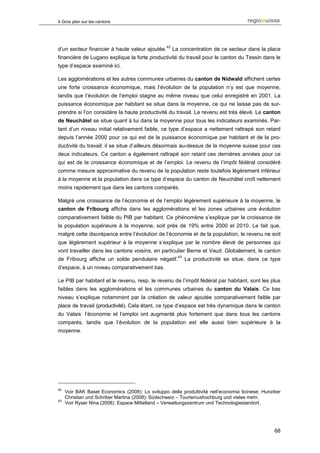 4 Gros plan sur les cantons




                                                  42
d’un secteur financier à haute valeur ajoutée.         La concentration de ce secteur dans la place
financière de Lugano explique la forte productivité du travail pour le canton du Tessin dans le
type d’espace examiné ici.

Les agglomérations et les autres communes urbaines du canton de Nidwald affichent certes
une forte croissance économique, mais l’évolution de la population n’y est que moyenne,
tandis que l’évolution de l’emploi stagne au même niveau que celui enregistré en 2001. La
puissance économique par habitant se situe dans la moyenne, ce qui ne laisse pas de sur-
prendre si l’on considère la haute productivité du travail. Le revenu est très élevé. Le canton
de Neuchâtel se situe quant à lui dans la moyenne pour tous les indicateurs examinés. Par-
tant d’un niveau initial relativement faible, ce type d’espace a nettement rattrapé son retard
depuis l’année 2000 pour ce qui est de la puissance économique par habitant et de la pro-
ductivité du travail; il se situe d’ailleurs désormais au-dessus de la moyenne suisse pour ces
deux indicateurs. Ce canton a également rattrapé son retard ces dernières années pour ce
qui est de la croissance économique et de l’emploi. Le revenu de l’impôt fédéral considéré
comme mesure approximative du revenu de la population reste toutefois légèrement inférieur
à la moyenne et la population dans ce type d’espace du canton de Neuchâtel croît nettement
moins rapidement que dans les cantons comparés.

Malgré une croissance de l’économie et de l’emploi légèrement supérieure à la moyenne, le
canton de Fribourg affiche dans les agglomérations et les zones urbaines une évolution
comparativement faible du PIB par habitant. Ce phénomène s’explique par la croissance de
la population supérieure à la moyenne, soit près de 19% entre 2000 et 2010. Le fait que,
malgré cette discrépance entre l’évolution de l’économie et de la population, le revenu ne soit
que légèrement supérieur à la moyenne s’explique par le nombre élevé de personnes qui
vont travailler dans les cantons voisins, en particulier Berne et Vaud. Globalement, le canton
                                                         43
de Fribourg affiche un solde pendulaire négatif.              La productivité se situe, dans ce type
d’espace, à un niveau comparativement bas.

Le PIB par habitant et le revenu, resp. le revenu de l’impôt fédéral par habitant, sont les plus
faibles dans les agglomérations et les communes urbaines du canton du Valais. Ce bas
niveau s’explique notamment par la création de valeur ajoutée comparativement faible par
place de travail (productivité). Cela étant, ce type d’espace est très dynamique dans le canton
du Valais: l’économie et l’emploi ont augmenté plus fortement que dans tous les cantons
comparés, tandis que l’évolution de la population est elle aussi bien supérieure à la
moyenne.




42
     Voir BAK Basel Economics (2008): Lo sviluppo della produttività nell’economia ticinese; Hunziker
     Christian und Schriber Martina (2008): Südschweiz – Tourismushochburg und vieles mehr.
43
     Voir Ryser Nina (2008): Espace Mittelland – Verwaltungszentrum und Technologiestandort.




                                                                                                  68
 