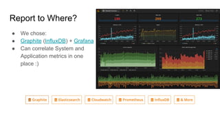 Report to Where?
● We chose:
● Graphite (InfluxDB) + Grafana
● Can correlate System and
Application metrics in one
place :)
 