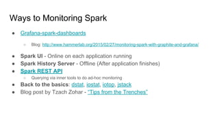 Ways to Monitoring Spark
● Grafana-spark-dashboards
○ Blog: http://www.hammerlab.org/2015/02/27/monitoring-spark-with-graphite-and-grafana/
● Spark UI - Online on each application running
● Spark History Server - Offline (After application finishes)
● Spark REST API
○ Querying via inner tools to do ad-hoc monitoring
● Back to the basics: dstat, iostat, iotop, jstack
● Blog post by Tzach Zohar - “Tips from the Trenches”
 
