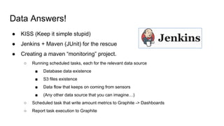 Data Answers!
● KISS (Keep it simple stupid)
● Jenkins + Maven (JUnit) for the rescue
● Creating a maven “monitoring” project.
○ Running scheduled tasks, each for the relevant data source
■ Database data existence
■ S3 files existence
■ Data flow that keeps on coming from sensors
■ (Any other data source that you can imagine…)
○ Scheduled task that write amount metrics to Graphite -> Dashboards
○ Report task execution to Graphite
 