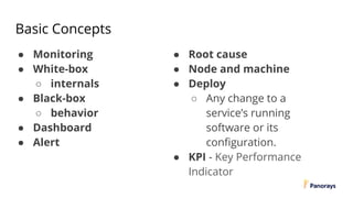 Basic Concepts
● Monitoring
● White-box
○ internals
● Black-box
○ behavior
● Dashboard
● Alert
● Root cause
● Node and machine
● Deploy
○ Any change to a
service’s running
software or its
configuration.
● KPI - Key Performance
Indicator
 
