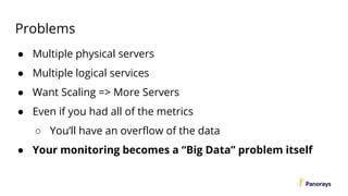 Problems
● Multiple physical servers
● Multiple logical services
● Want Scaling => More Servers
● Even if you had all of the metrics
○ You’ll have an overflow of the data
● Your monitoring becomes a “Big Data” problem itself
 